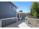 Backyard wooden deck with blue siding on house exterior at 8679 Apache Plume Dr, Parker, CO 80134