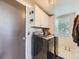 Modern laundry room featuring gray appliances, white cabinets, and a bright window for natural light at 11523 Sandy Creek Ln, Parker, CO 80138