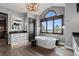 Luxurious bathroom with a soaking tub and large windows with scenic views at 15295 E Cherry Creek S Rd, Larkspur, CO 80118