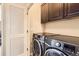 Laundry room featuring modern washer and dryer units with sleek, dark cabinetry and hardware at 12930 Bobcat Ct, Broomfield, CO 80021