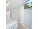 Bright bedroom featuring light blue walls, a ceiling fan, a TV, and a comfortable bed with light and dark gray stripes at 3748 Oakwood Dr, Longmont, CO 80503