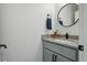 Modern bathroom with gray vanity, matte black fixtures, and a round mirror, offering a sleek design at 949 Raleigh St # 2, Denver, CO 80204