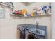 Well-organized laundry room with modern washer and dryer and shelving above at 8073 W 51St Pl # 303, Arvada, CO 80002