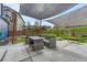 Shaded patio featuring comfortable outdoor seating, dining area, and fire pit in a lush green backyard at 3367 Dove Valley Pl, Castle Rock, CO 80108