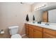 Bright bathroom with a double vanity, ample storage, and decorative lighting fixture at 19823 E 58Th Ave, Aurora, CO 80019