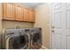 Convenient laundry room with front-load washer and dryer and storage cabinets at 19823 E 58Th Ave, Aurora, CO 80019
