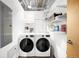 Functional laundry room equipped with a modern washer and dryer, complemented by practical shelving for organization at 1610 Little Raven St # 502, Denver, CO 80202