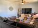 Comfortable living room featuring an expansive sectional sofa and a mounted television at 3190 S Joplin Ct, Aurora, CO 80013