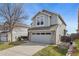 Charming two-story home featuring a light blue exterior, a two-car garage, and a well-maintained front yard at 8414 Bed Straw St, Parker, CO 80134