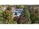 Aerial view of blue home with solar panels surrounded by mature, colorful trees at 10047 Sylvestor Rd, Highlands Ranch, CO 80129