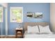 Bedroom with blue accent wall featuring mountain themed artwork and a large window at 4590 Grove St, Denver, CO 80211