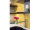 Up-close of modern kitchen sink, yellow backsplash, open shelving, and decor details at 4590 Grove St, Denver, CO 80211