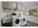 Convenient laundry room featuring modern washer and dryer units and ample storage at 29663 Paint Brush Dr, Evergreen, CO 80439