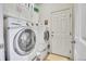 Bright laundry room featuring modern appliances, white cabinetry and convenient access to the exterior at 5338 Potentilla St, Brighton, CO 80601