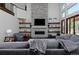 Cozy living room with a stone fireplace, entertainment center, large windows and comfortable gray sectional seating at 1315 W 141St Cir, Westminster, CO 80023