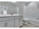 Bathroom with a light grey vanity and white shower/tub featuring modern fixtures at 6863 Oak Canyon Cir, Castle Pines, CO 80108