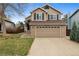 Inviting two-story home featuring a two-car garage, classic architecture, and well-manicured lawn at 6425 Nassau Ct, Highlands Ranch, CO 80130