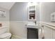 Charming powder room featuring gray walls, white wainscoting, and a modern sink and fixtures at 3361 W 29Th Ave, Denver, CO 80211