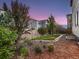 Lush backyard with fresh mulch, wooden fence, and thriving vegetation in the evening light at 6894 E 133Rd Pl, Thornton, CO 80602