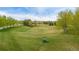 Aerial view of community open green space with picnic table, surrounded by trees and walking paths at 14713 Josephine St, Thornton, CO 80602