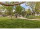 Community playground with slides, climbing structures, and benches surrounded by green grass and mature trees at 14713 Josephine St, Thornton, CO 80602