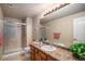 Well-lit bathroom with a glass door shower, large mirror, wood cabinets, and granite-style countertop at 1660 Moveen Hts, Monument, CO 80132