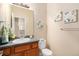 Half bath with vanity and framed decorative wall art at 1660 Moveen Hts, Monument, CO 80132