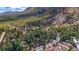 An aerial view highlighting a neighborhood community nestled among pine trees near a large mountain at 4835 Abo Ln, Monument, CO 80132