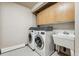 Functional laundry room equipped with a washer, dryer, a utility sink, and upper cabinets for storage at 2122 Cramner Ct, Evergreen, CO 80439