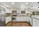 Bright kitchen featuring stainless steel appliances, white cabinetry, mosaic backsplash, and hardwood flooring at 6660 E Floyd Ave, Denver, CO 80224