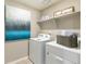 Well-lit laundry room with modern machines, floating shelves, and a stylish piece of abstract art at 3193 Belleville Ridge Rd, Elizabeth, CO 80107