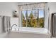Bright bathroom showcasing a soaking tub with views of the surrounding evergreen trees at 10786 Marclif Rd, Conifer, CO 80433