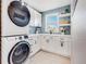 Well-organized laundry room featuring a stacked washer/dryer, white cabinets, and stylish blue tile backsplash at 6242 W Lakeside Ct, Littleton, CO 80125