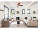 Bright living room featuring stylish furnishings, fireplace, and large windows, with hardwood floor and white walls at 2355 Forest St, Denver, CO 80207