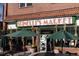 Exterior view of Spinelli's Market featuring a brick facade and outdoor seating under green umbrellas at 2355 Forest St, Denver, CO 80207