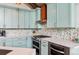 Close-up of modern kitchen with stainless steel appliances, turquoise cabinets, unique backsplash, and white countertops at 142 High Point Dr, Breckenridge, CO 80424