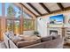 Comfortable living room with a fireplace and large windows showcasing scenic views at 142 High Point Dr, Breckenridge, CO 80424