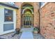 Close up of the front door to a home with brick archway, black door with glass panes, and potted plants on the porch at 10822 Eagle Crest Ct, Parker, CO 80138