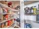 Walk-in pantry with white shelving holding food items and kitchen appliances at 13152 E 104Th Dr, Commerce City, CO 80022