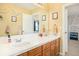 Bathroom with double sinks, wooden cabinets, and decorative wall art at 23453 Painted Hills St, Parker, CO 80138