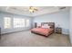 Spacious main bedroom boasts light blue walls, large windows, plush carpet, and a tray ceiling with ceiling fan at 23453 Painted Hills St, Parker, CO 80138