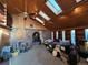 Charming living room with brick fireplace and wood paneling, illuminated by multiple skylights at 2602 Jasmine St, Denver, CO 80207