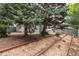 Wooded backyard with landscape features and a patio with seating at 1633 S Trenton St, Denver, CO 80231