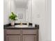 Bathroom with stylish vanity, modern faucet, and decorative potted plant at 1261 E 135Th Pl, Thornton, CO 80241