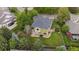 Aerial image of a home showing its back yard, patio, and mature trees with green lawns surrounding the property at 2240 Summitview Dr, Longmont, CO 80504