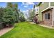 Spacious backyard with mature trees and lush green grass offers privacy and tranquility at 2240 Summitview Dr, Longmont, CO 80504