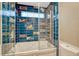 Fun bathroom with unique tile work, glass enclosed shower, and modern fixtures at 6234 Nautique Cir, Larkspur, CO 80118