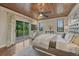 Primary bedroom with wood ceiling, fan, and sliding glass doors to a balcony at 6234 Nautique Cir, Larkspur, CO 80118