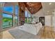 Bright living room featuring vaulted wood ceilings, stone fireplace, and expansive windows overlooking the lush backyard at 6234 Nautique Cir, Larkspur, CO 80118