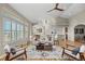 Open living room with hardwood floors, abundant natural light, stylish furniture, and seamless flow to dining area at 3485 Park Ridge Rd, Sedalia, CO 80135
